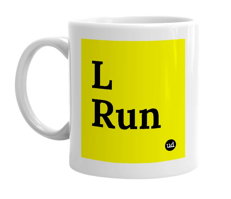 White mug with 'L Run' in bold black letters