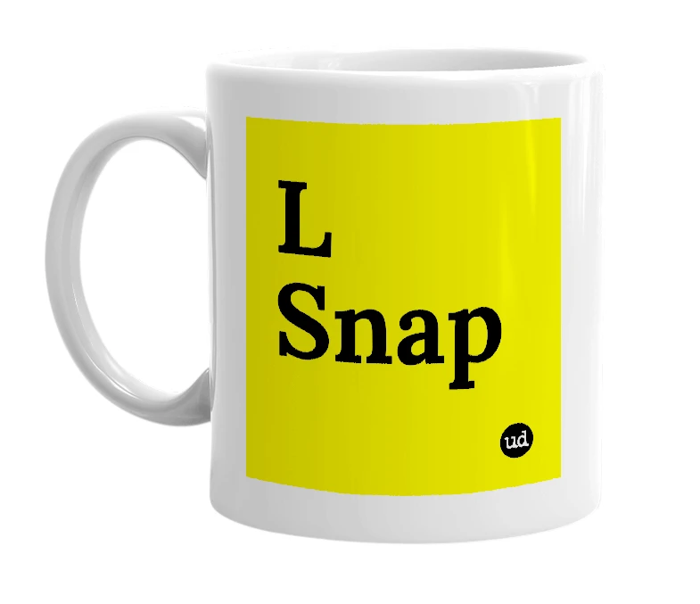 White mug with 'L Snap' in bold black letters