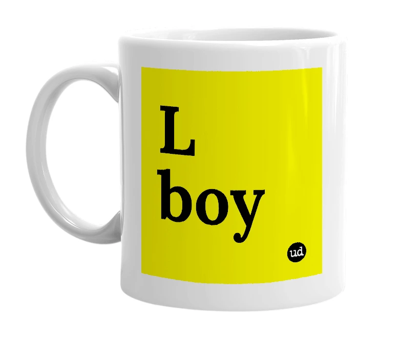 White mug with 'L boy' in bold black letters