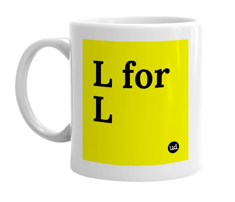 White mug with 'L for L' in bold black letters