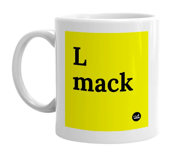 White mug with 'L mack' in bold black letters