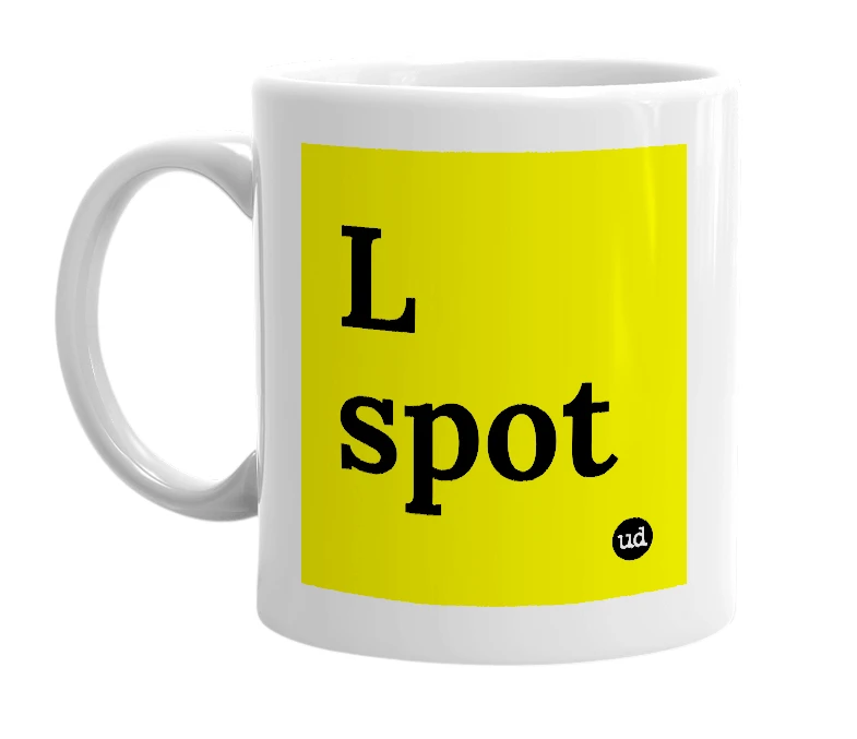 White mug with 'L spot' in bold black letters