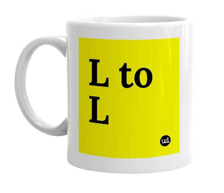 White mug with 'L to L' in bold black letters
