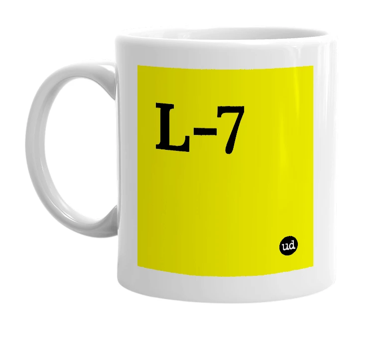 White mug with 'L-7' in bold black letters