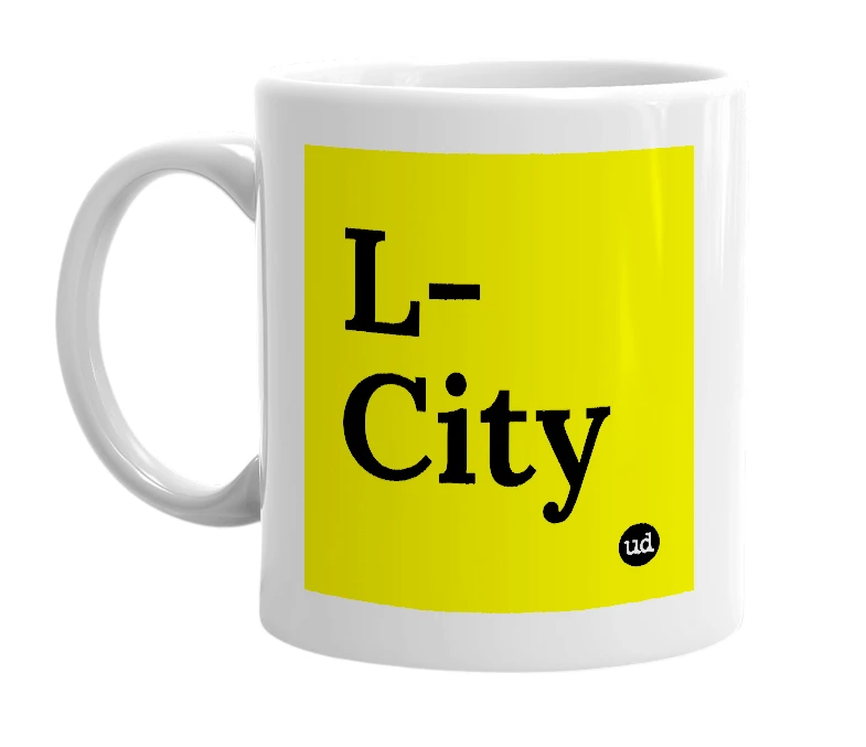White mug with 'L-City' in bold black letters