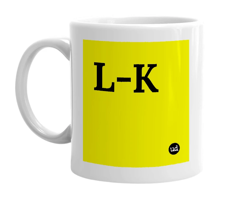 White mug with 'L-K' in bold black letters