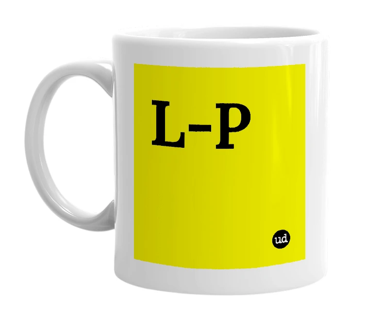 White mug with 'L-P' in bold black letters