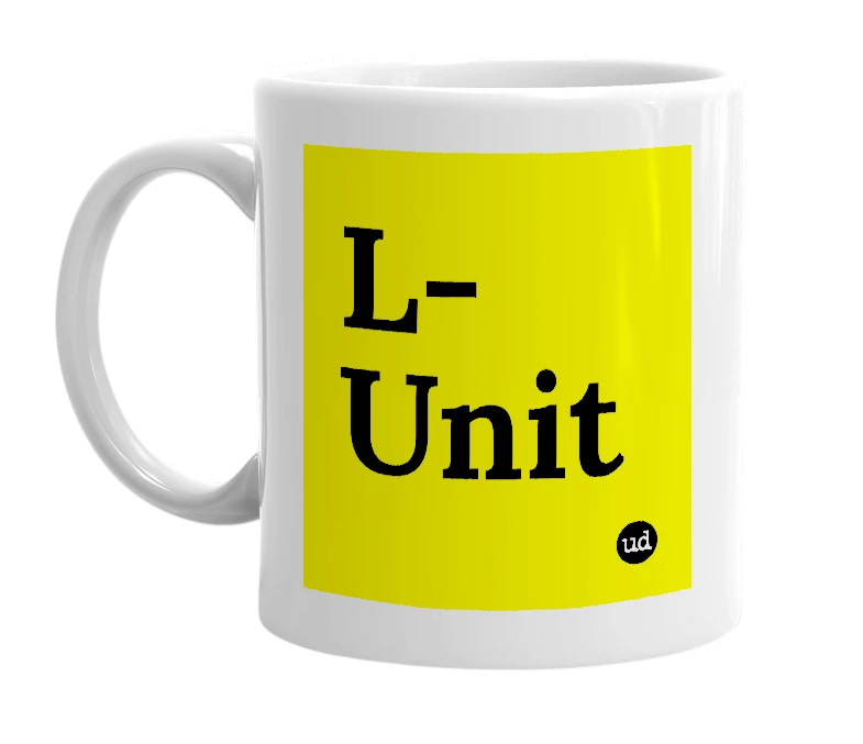 White mug with 'L-Unit' in bold black letters