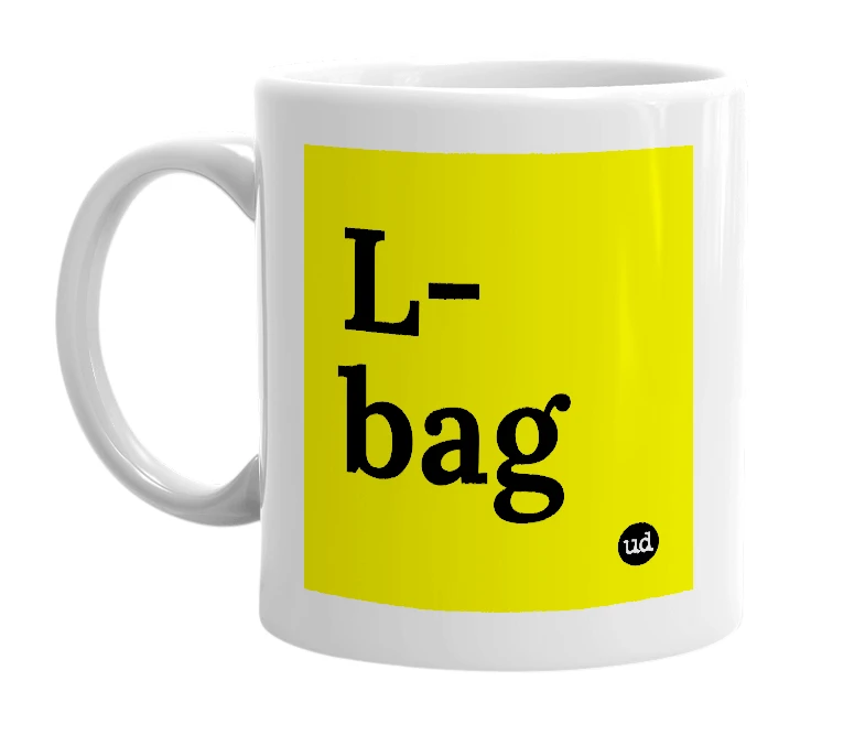 White mug with 'L-bag' in bold black letters