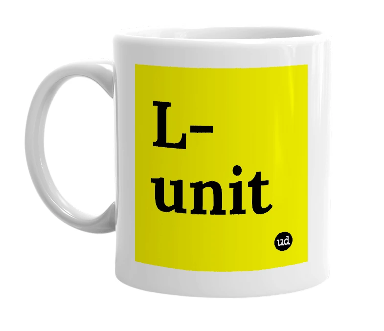 White mug with 'L-unit' in bold black letters