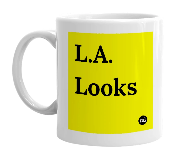 White mug with 'L.A. Looks' in bold black letters