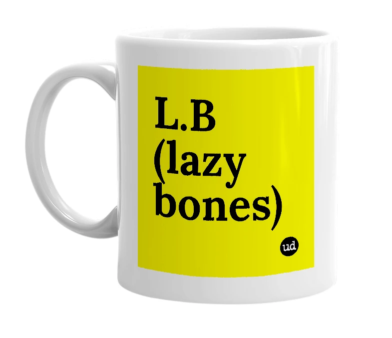 White mug with 'L.B (lazy bones)' in bold black letters