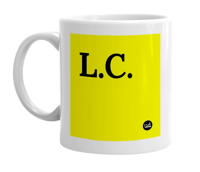 White mug with 'L.C.' in bold black letters