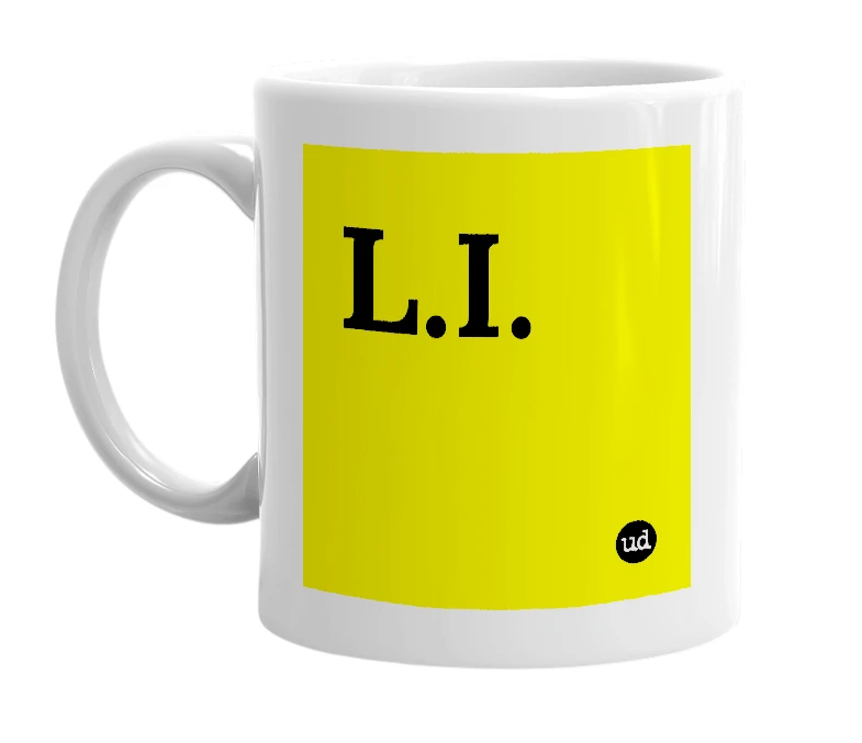 White mug with 'L.I.' in bold black letters