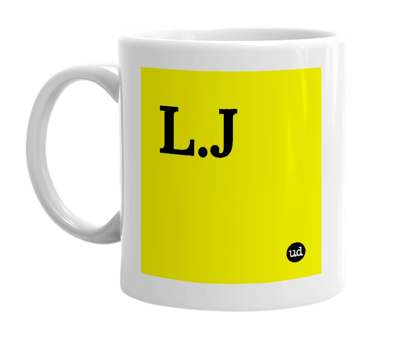 White mug with 'L.J' in bold black letters