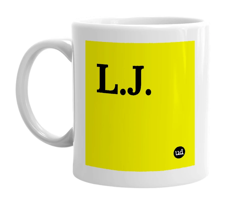 White mug with 'L.J.' in bold black letters