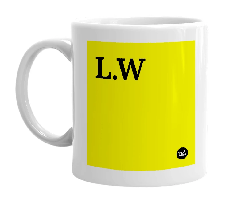 White mug with 'L.W' in bold black letters