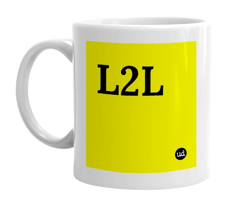 White mug with 'L2L' in bold black letters