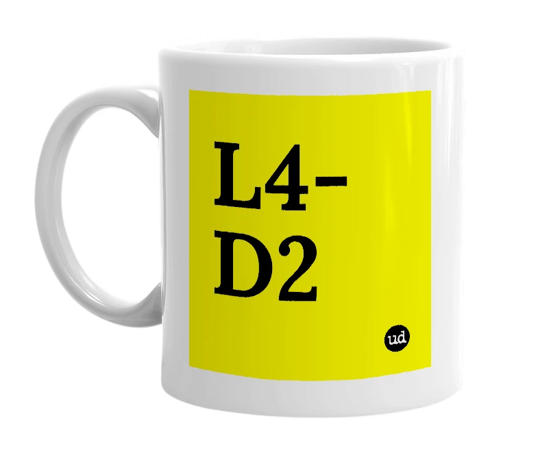 White mug with 'L4-D2' in bold black letters