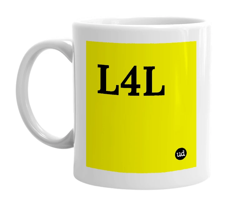 White mug with 'L4L' in bold black letters