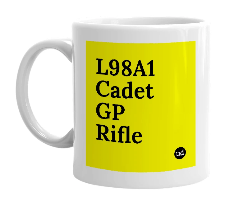 White mug with 'L98A1 Cadet GP Rifle' in bold black letters