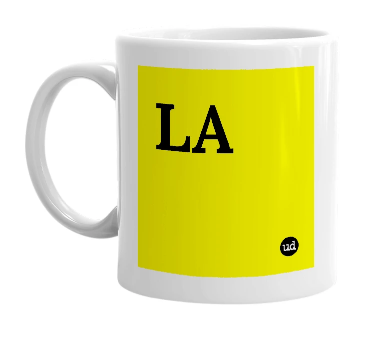 White mug with 'LA' in bold black letters