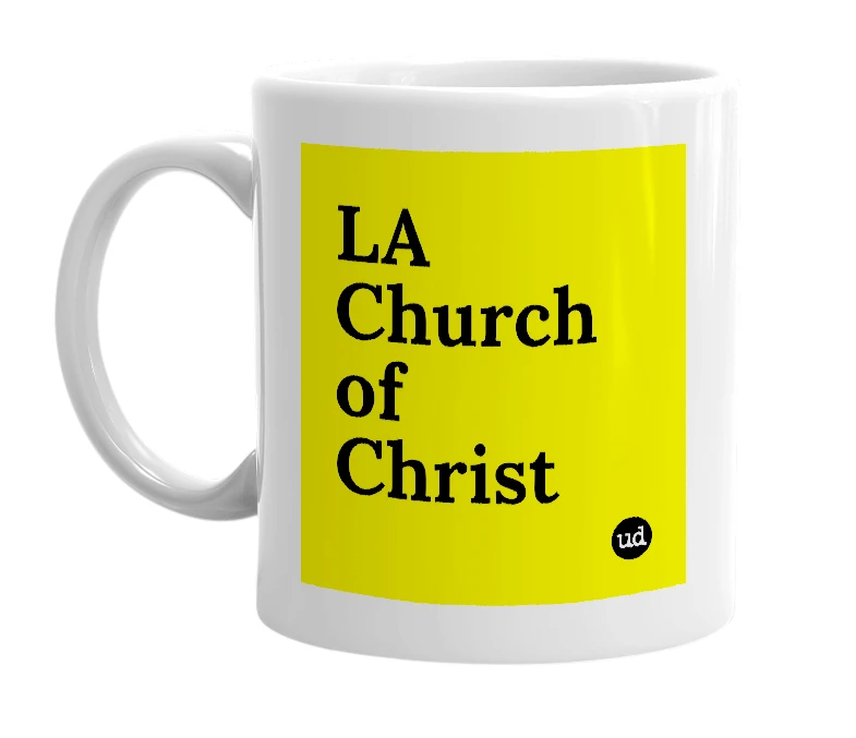 White mug with 'LA Church of Christ' in bold black letters