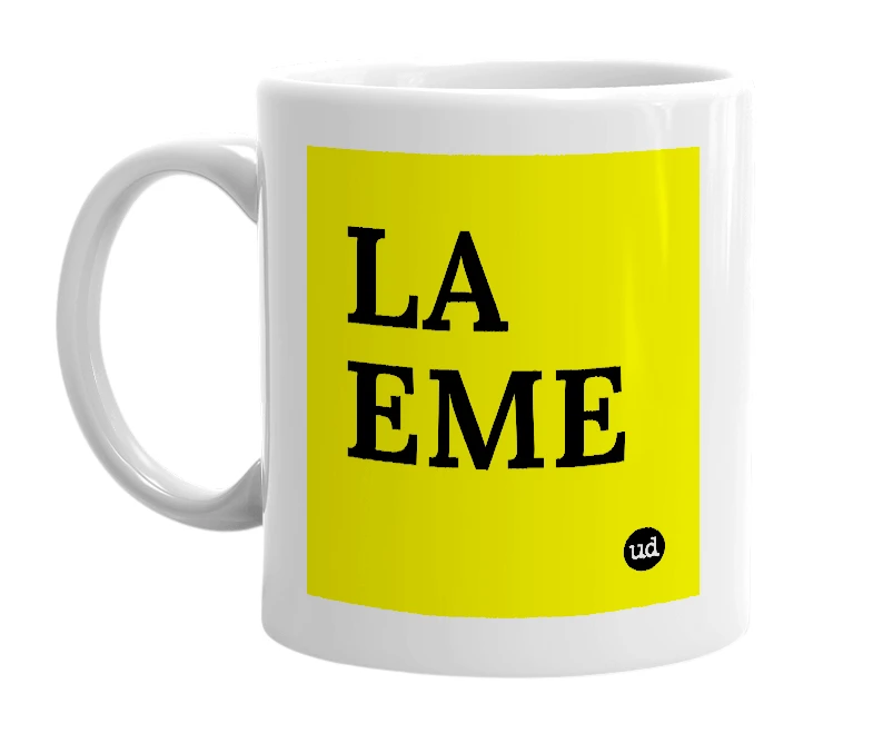 White mug with 'LA EME' in bold black letters