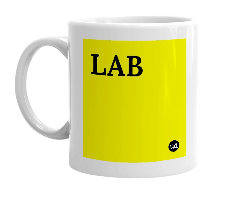 White mug with 'LAB' in bold black letters