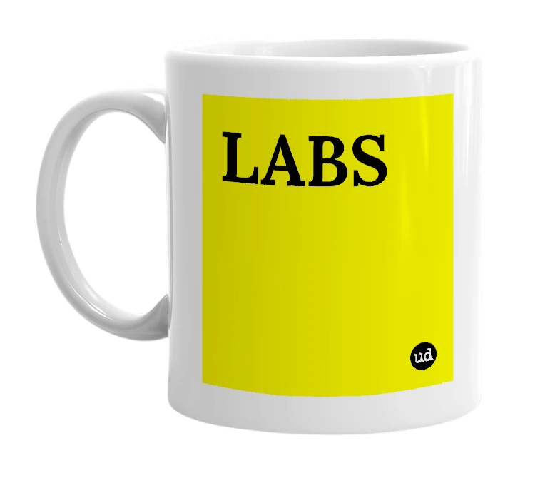 White mug with 'LABS' in bold black letters