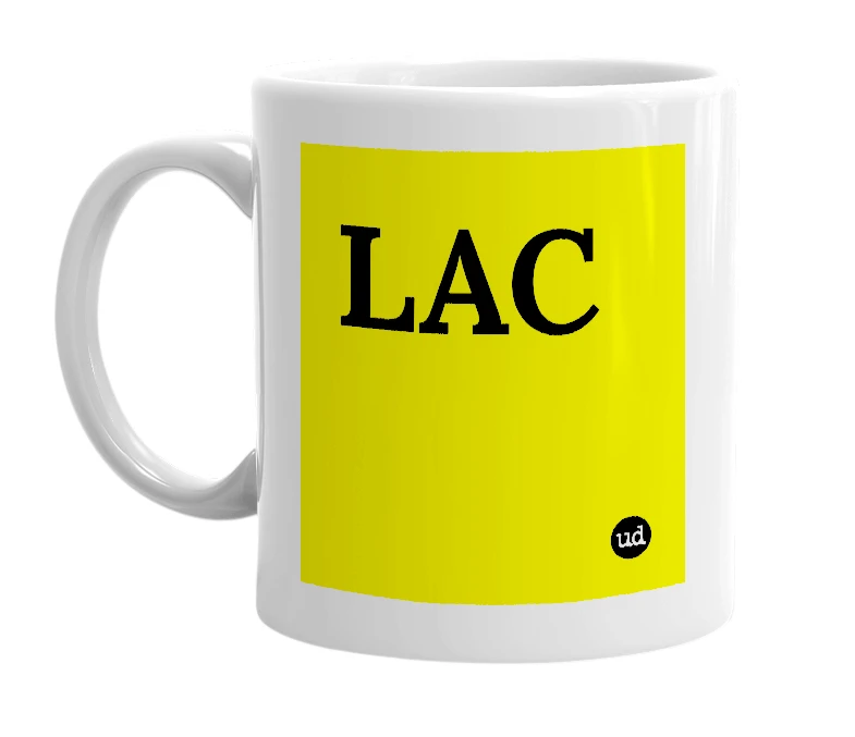 White mug with 'LAC' in bold black letters