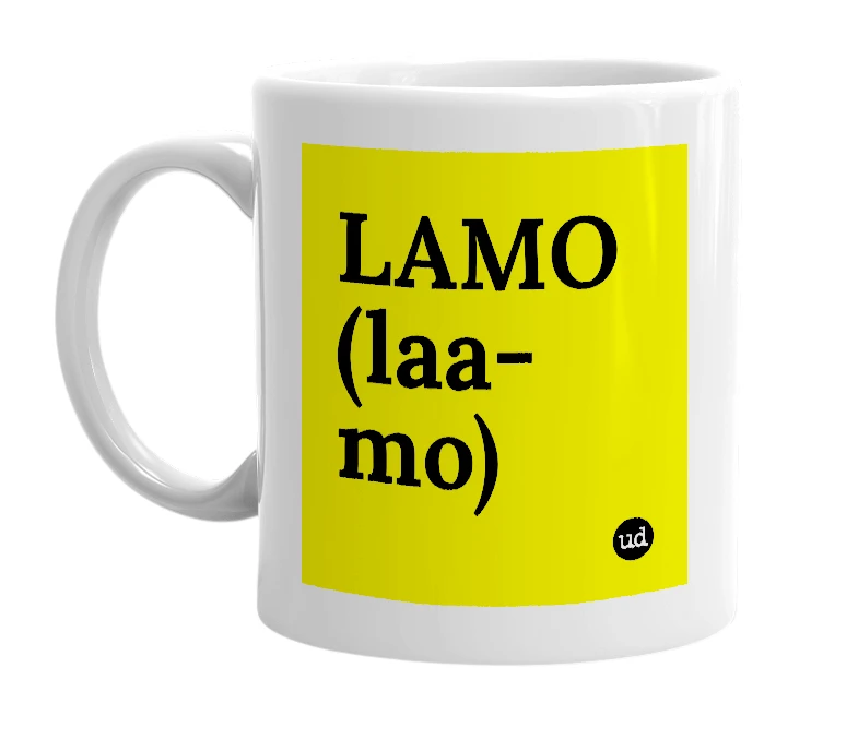White mug with 'LAMO (laa-mo)' in bold black letters