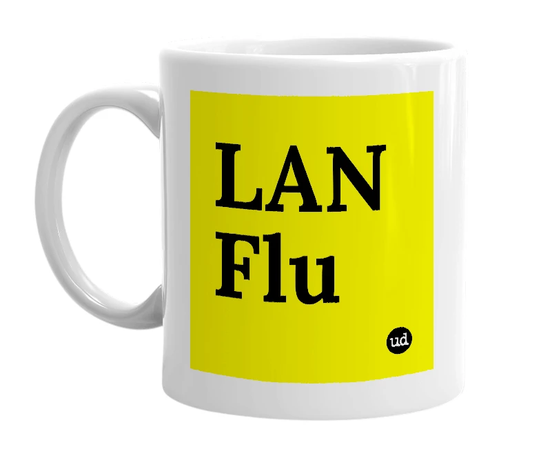 White mug with 'LAN Flu' in bold black letters