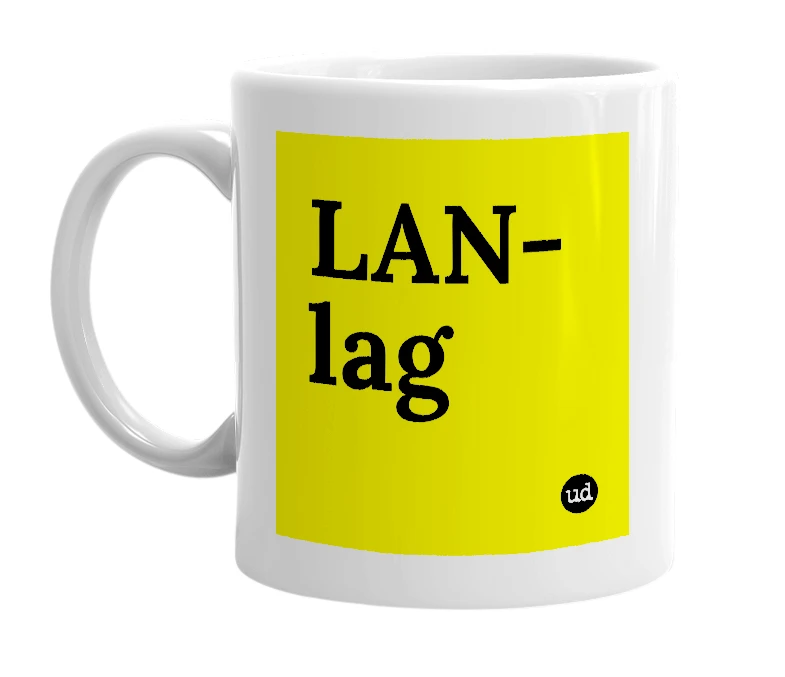 White mug with 'LAN-lag' in bold black letters