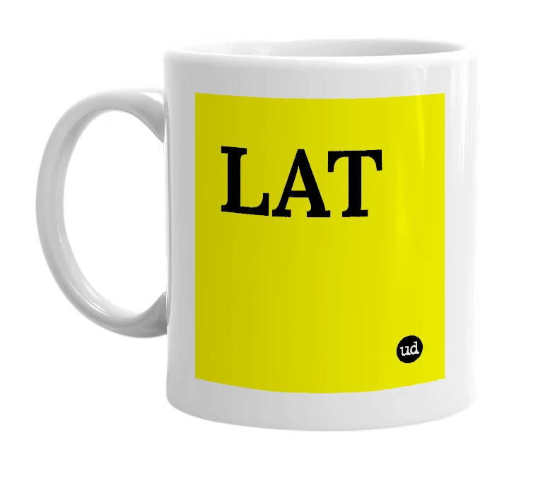 White mug with 'LAT' in bold black letters