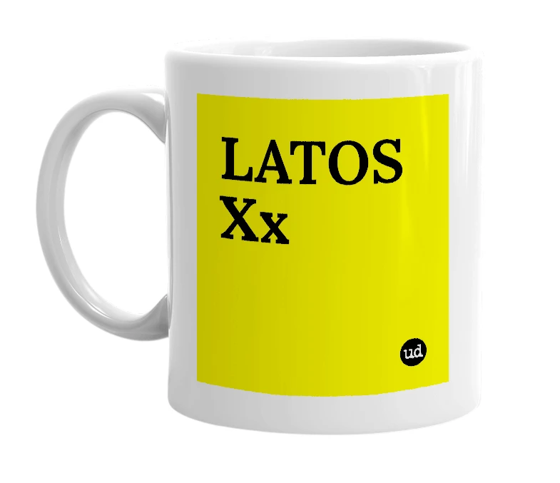 White mug with 'LATOS Xx' in bold black letters