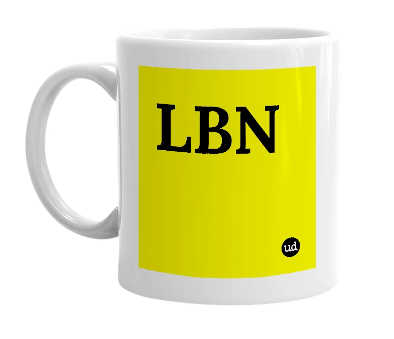White mug with 'LBN' in bold black letters