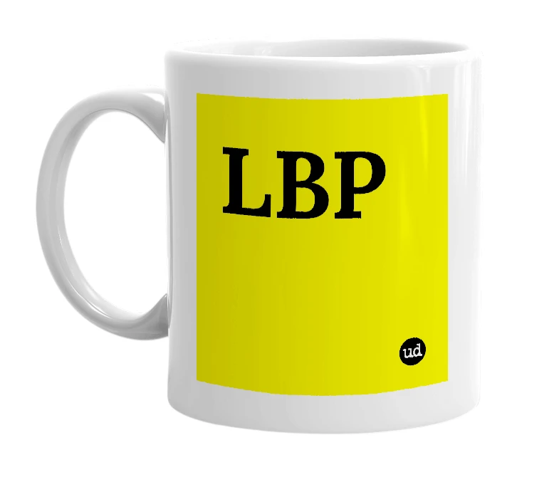White mug with 'LBP' in bold black letters