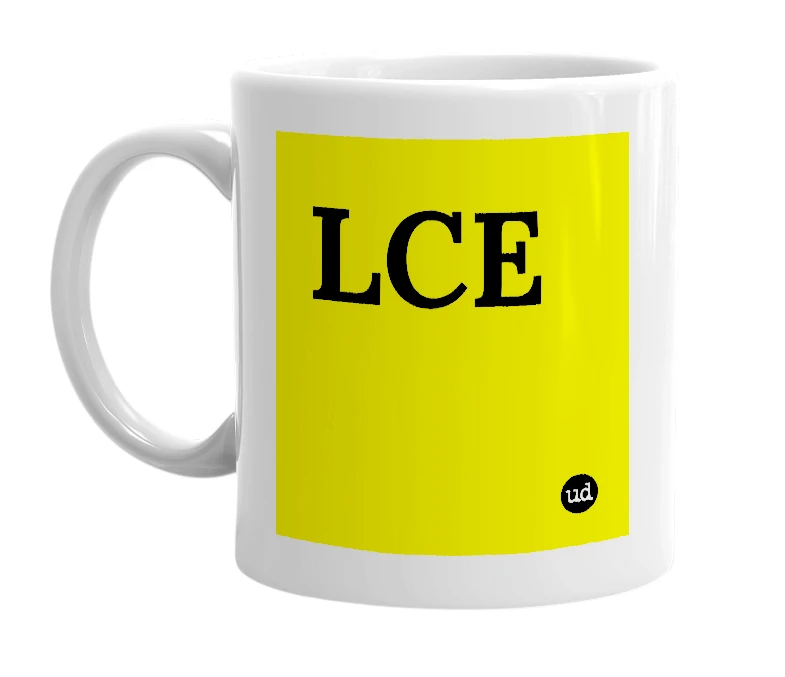 White mug with 'LCE' in bold black letters