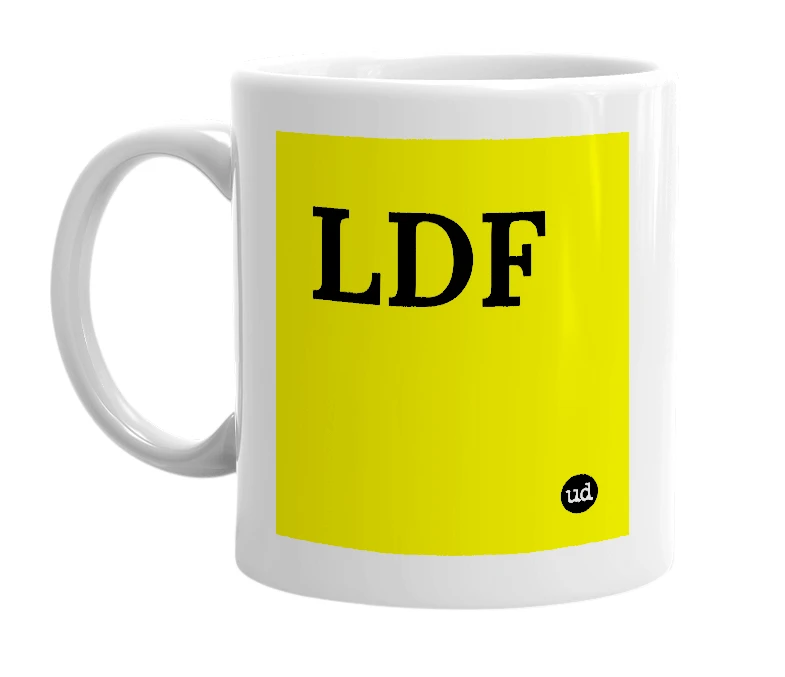 White mug with 'LDF' in bold black letters
