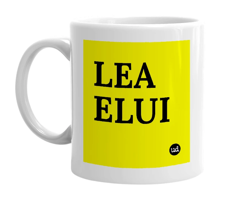 White mug with 'LEA ELUI' in bold black letters