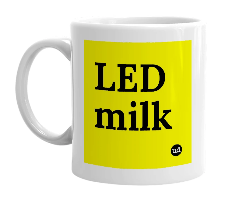White mug with 'LED milk' in bold black letters