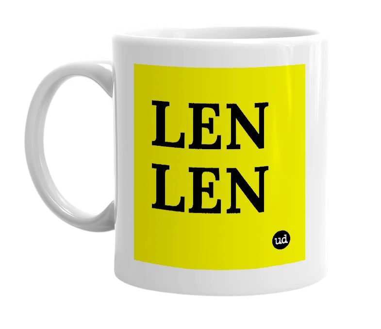 White mug with 'LEN LEN' in bold black letters