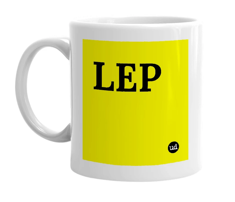 White mug with 'LEP' in bold black letters