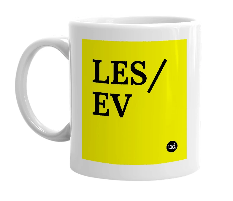 White mug with 'LES/EV' in bold black letters