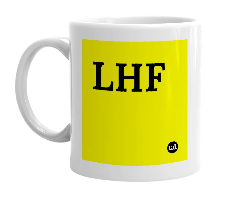 White mug with 'LHF' in bold black letters