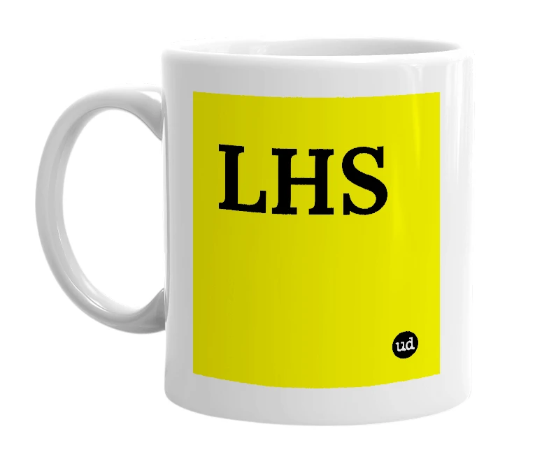 White mug with 'LHS' in bold black letters