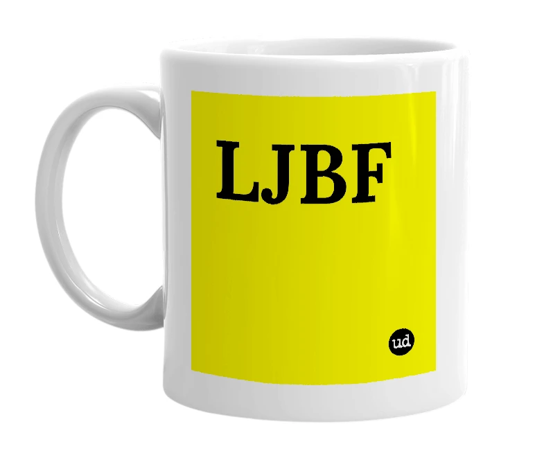 White mug with 'LJBF' in bold black letters