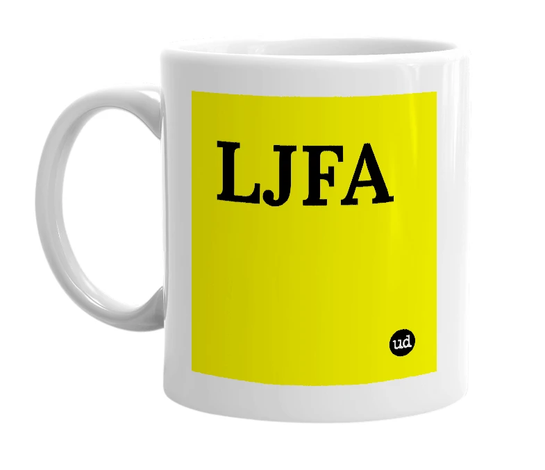 White mug with 'LJFA' in bold black letters