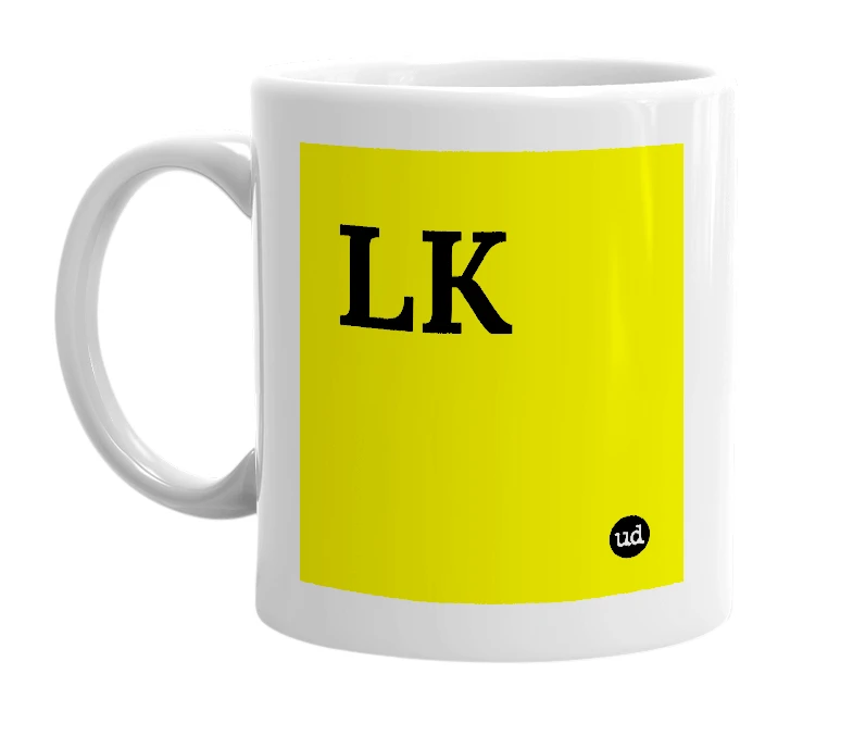 White mug with 'LK' in bold black letters